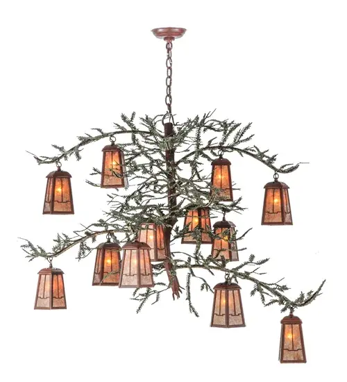 This spectacular Nature-inspired chandelier is handcrafted with 12 small Silver Mica lanterns that are attached to pine branch-shaped arms accented with Green hand painted pine needles. ?The hardware is finished in Rust. American craftsmanship unites with the unparalleled beauty of Mother Nature in Meyda's facility; at the foothills of the Adirondack Mountains. - alternate view