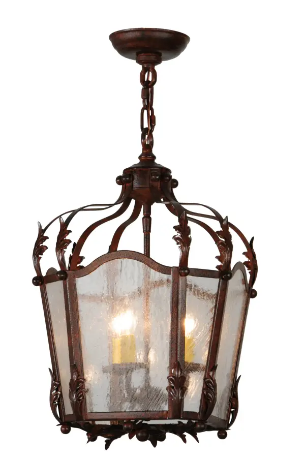 Utilizing a blend of timeless craftsmanship and classic design; the ever-popular Citadel brings home unsurpassed quality and shapely appeal. Evoking a dramatic effect; beautiful ambient light is evoked through Clear Seeded Glass which reveals a 3-light faux candelabra within this pendant. Citadel is enhanced with a dramatic design; stunning Acanthus leaf accents and frame featured in a Rusty Nail finish. The fixture is handcrafted by skilled artisans in our American factory in Upstate New York. Custom options include various sizes; colors; designs and dimmable energy efficient lamping. UL and cUL listed.