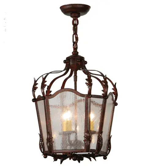 Utilizing a blend of timeless craftsmanship and classic design; the ever-popular Citadel brings home unsurpassed quality and shapely appeal. Evoking a dramatic effect; beautiful ambient light is evoked through Clear Seeded Glass which reveals a 3-light faux candelabra within this pendant. Citadel is enhanced with a dramatic design; stunning Acanthus leaf accents and frame featured in a Rusty Nail finish. The fixture is handcrafted by skilled artisans in our American factory in Upstate New York. Custom options include various sizes; colors; designs and dimmable energy efficient lamping. UL and cUL listed. - alternate view