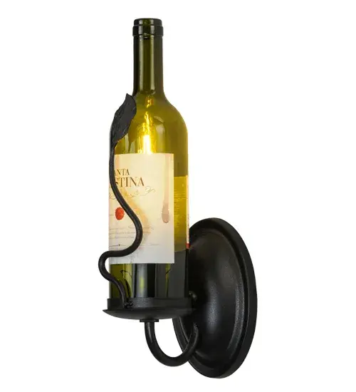 Liven up a restaurant; club; or home with a light fixture that does so much more than deliver light; it adds personality and pizzazz. The customer supplied a Green Glass wine bottle featuring their preferred brand. The bottle is embraced by a graceful vine-like accent and hardware featured in a Textured Black finish. The wall sconce is perfect for dining areas and other spaces in homes; restaurants; hotels; pubs; nightclubs; wineries; and retailers; this fixture will be appreciated for its fine detail and charm by connoisseurs. This Tuscan Vineyard Personalized Wine Bottle Wall Sconce is included in our American-made; American-designed; handcrafted Wine Bottle Lighting Collection. The fixture is manufactured in Yorkville; New York. UL and cUL listed for dry and damp locations. Take your finest bottle of wine; and Meyda will transform it into an everlasting personalized fixture of light. Contact us for more information on custom wine bottle lighting fixtures and lamps. You can also create custom lighting with beer bottles; mason jars; milk bottles; and other glass containers and vessels by contacting us! - alternate view
