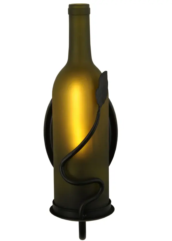 Your connoisseur will appreciate the fine detail and charm of this vintage wall sconce.A hand forged vine and leaf coil is designed around the neck of this stunning Frosted Green wine bottle. The hardware is hand finished in Black. Handcrafted in the USA by our artisans; the fixture is offered in custom styles; colors and sizes are available. Energy efficient lamping options are offered. UL and cUL listed for damp and dry locations.