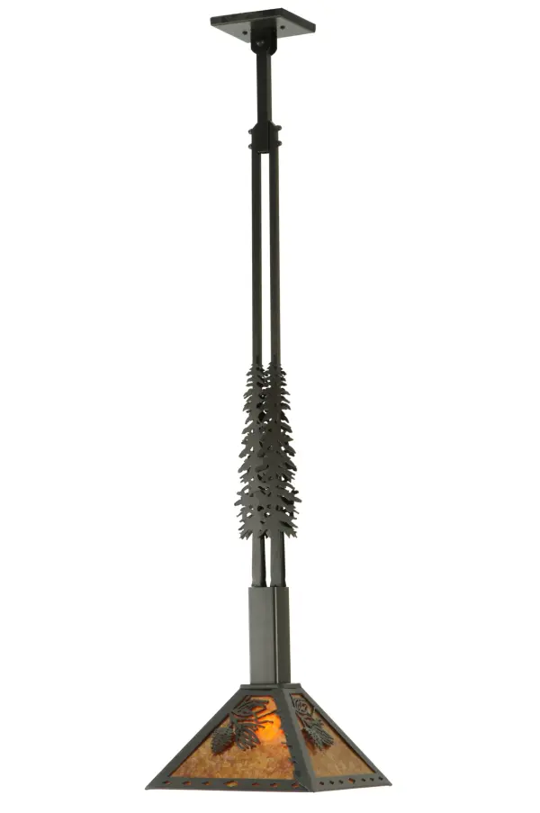 Delicate Pinecones and Pine Needles adorn a stunning Amber Mica Shade while Pine Tree Silhouettes accent the suspension rods of this stunning pendant. The pendant is enhanced with a Timeless Bronze finish. Ideal for illuminating dining tables, kitchen islands, counters and bars to make a dramatic design statement in timber frame homes and other residential and hospitality settings. The pendant can be mounted on sloped ceilings. Made to Order in our 180,000 square foot manufacturing facility in Upstate New York, at the foothills of the Adirondack Mountains. Custom sizes, shade designs and metal finishes are available. UL and cUL listed for damp and dry locations. Collection: Winter Pine Finish: Timeless Bronze Glass: Amber Mica Width: 17.00" Height: 49.00" Length: 12.00" Weight: 8.60 lb Number of Bulbs: 1 Maximum Wattage: 60.00 W Bulb Type: A19 Bulb Base: E26 Material: Steel Country of Origin: USA Safety Listing: Damp Safety Rating: Damp