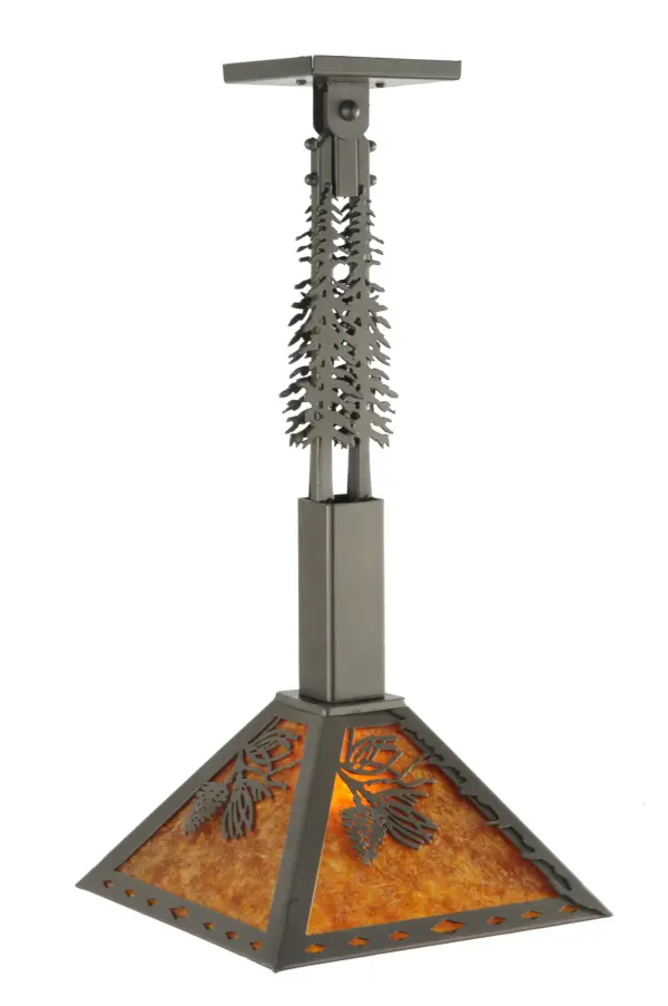 Delicate Pinecones and Pine Needles adorn a stunning Amber Mica Shade while Pine Tree Silhouettes accent the suspension rods of this stunning pendant. The pendant is enhanced with a Timeless Bronze finish. Designed for mounting on sloped ceilings. Ideal for illuminating dining tables, kitchen islands, counters and bars to make a dramatic design statement in timber frame homes and other residential and hospitality settings. Made to Order in our 180,000 square foot manufacturing facility in Upstate New York, at the foothills of the Adirondack Mountains. Custom sizes, shade designs and metal finishes are available. UL and cUL listed for damp and dry locations. Collection: Winter Pine Finish: Timeless Bronze Glass: Amber Mica Width: 17.00" Height: 26.00" Length: 12.00" Weight: 6.50 lb Number of Bulbs: 1 Maximum Wattage: 60.00 W Bulb Type: A19 Bulb Base: E26 Material: Steel Country of Origin: USA Safety Listing: Damp Safety Rating: Damp