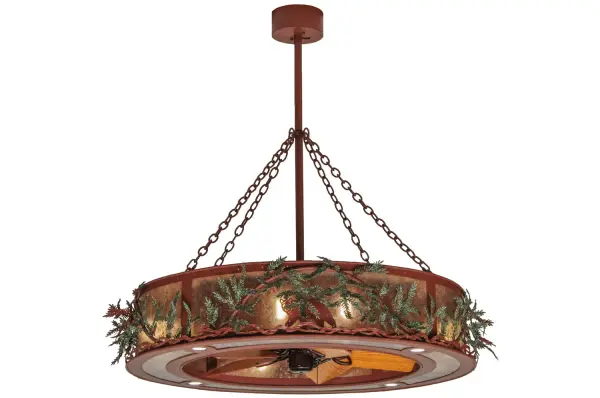 This fan integrated custom lighting fixture features Nature-inspired Hand Painted Green Branches silhouettes complemented by Bear designs accenting Silver Mica while gentle breezes are created by fan spinning quietly in center. 8 inner lamps bring out beauty of Mica while 4 downlights deliver functional illumination below. Diffuser complemented with hardware in Rust and Oil Rubbed Bronze finished fan blades. In summer, the fan pushes down a windchill that circulates to keep the space cool & comfortable. In winter, the fan is reversed to pull the room air up towards the ceiling and force the warm air back down & circulate to create warmth. Customize lamping & control options provide up to four layers of light. UL & cUL listed. Collection: Northwoods Bear Finish: Rust/Green Branches Ob/Lok Glass: Silver Mica Oiled Bronze//Light Oak Blades Width: 50.00" Height: 48.50" Length: 50.00" Weight: 93.50 lb Number of Bulbs: 8 Maximum Wattage: 60.00 W Bulb Type: A19 Bulb Base: E26 Material: Steel Country of Origin: USA Safety Listing: Damp Safety Rating: Damp