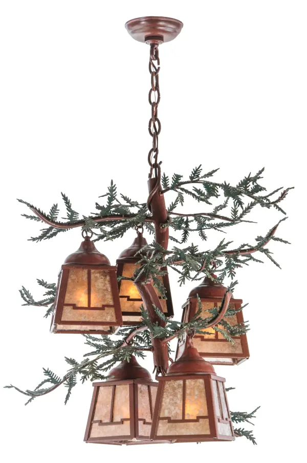 This spectacular Nature-inspired chandelier is handcrafted with five small Silver Mica lanterns that are attached to pine branch-shaped arms accented with Green hand painted pine needles. ?The hardware is finished in Rust. ?Although wired for candelabra incandescent bulbs; we provide energy efficient LED lamps to save energy; reduce re-lamping and maintenance; and provide a long-lasting life of 50;000 hours.