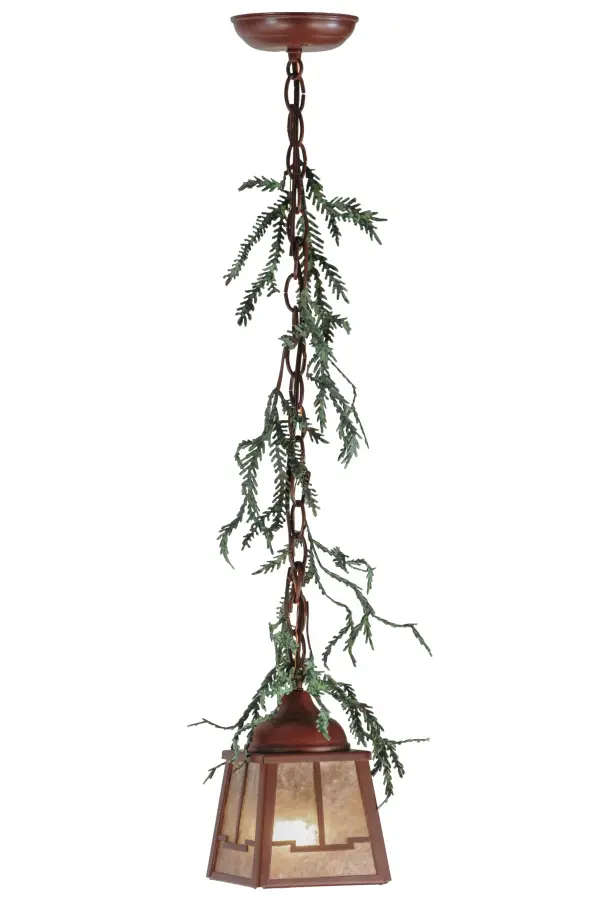 This stunning Nature-inspired pendant is handcrafted with a Silver Mica lantern attached to a chain accented with Green hand painted pine needles and complemented with handsome Rust finished hardware.Although wired for an incandescent bulb; we provide an energy efficient LED lamp to save energy; reduce re-lamping and maintenance; and provide a long-lasting life of 50;000 hours.