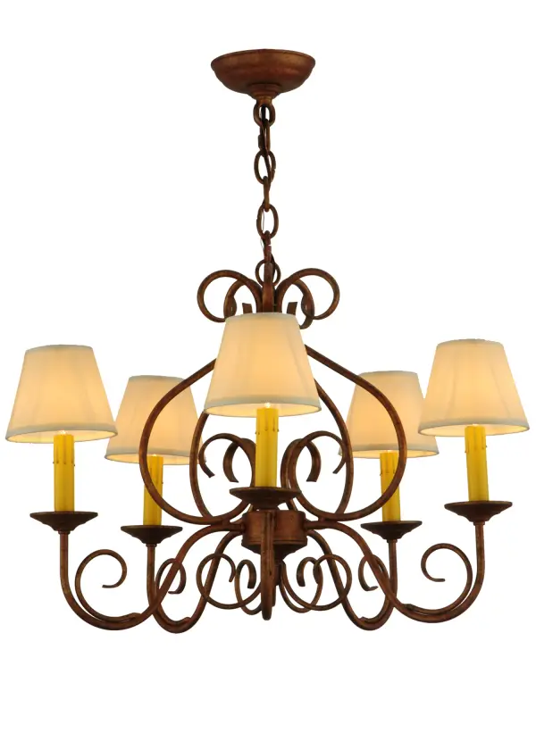 A sumptuous decorative design evokes a rich lustrous charm. Jenna features a stunning Autumn Leaf finish. The Hand-Forged Iron Scrollwork and bobeches embrace 5 Amber faux candlelights topped with Natural Textrene shades. The overall height ranges from 21 to 56 inches as the chain length can be easily adjusted in the field to accommodate your specific lighting application needs. Handcrafted in our 180;000 square foot manufacturing facility in Yorkville; New York. Shade colors; metal finishes and fixture sizes can be customized to your needs. UL and cUL listed for dry and damp locations however we do not recommend installing it in spaces that experience a large amount of moisture due to the fabric shades.