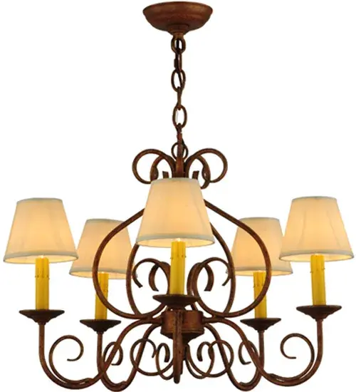 A sumptuous decorative design evokes a rich lustrous charm. Jenna features a stunning Autumn Leaf finish. The Hand-Forged Iron Scrollwork and bobeches embrace 5 Amber faux candlelights topped with Natural Textrene shades. The overall height ranges from 21 to 56 inches as the chain length can be easily adjusted in the field to accommodate your specific lighting application needs. Handcrafted in our 180;000 square foot manufacturing facility in Yorkville; New York. Shade colors; metal finishes and fixture sizes can be customized to your needs. UL and cUL listed for dry and damp locations however we do not recommend installing it in spaces that experience a large amount of moisture due to the fabric shades. - alternate view