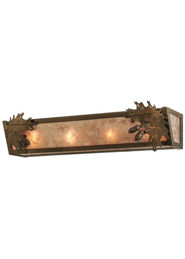 Acorn and Oak leaves accent this nature inspired vanity light, illuminated through Silver mica panels. The fixture has an Antique Copper finish and is handcrafted in the USA by Meyda artisans. Collection: Oak Leaf & Acorn Finish: Antique Copper Glass: Silver Mica Notes: Custom Crafted In Yorkville, New York Please Allow 30 Days Width: 24.00" Height: 6.00" Length: 6.00" Weight: 5.50 lb Extension from Wall: 6.00" Number of Bulbs: 4 Maximum Wattage: 60.00 W Bulb Type: A19 Bulb Base: E26 Material: Steel Country of Origin: USA Safety Listing: Dry Safety Rating: Damp