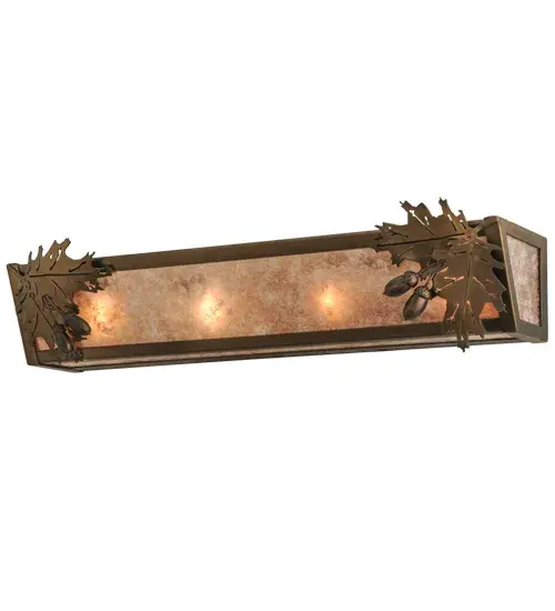 Acorn and Oak leaves accent this nature inspired vanity light, illuminated through Silver mica panels. The fixture has an Antique Copper finish and is handcrafted in the USA by Meyda artisans. Collection: Oak Leaf & Acorn Finish: Antique Copper Glass: Silver Mica Notes: Custom Crafted In Yorkville, New York Please Allow 30 Days Width: 24.00" Height: 6.00" Length: 6.00" Weight: 5.50 lb Extension from Wall: 6.00" Number of Bulbs: 4 Maximum Wattage: 60.00 W Bulb Type: A19 Bulb Base: E26 Material: Steel Country of Origin: USA Safety Listing: Dry Safety Rating: Damp - alternate view