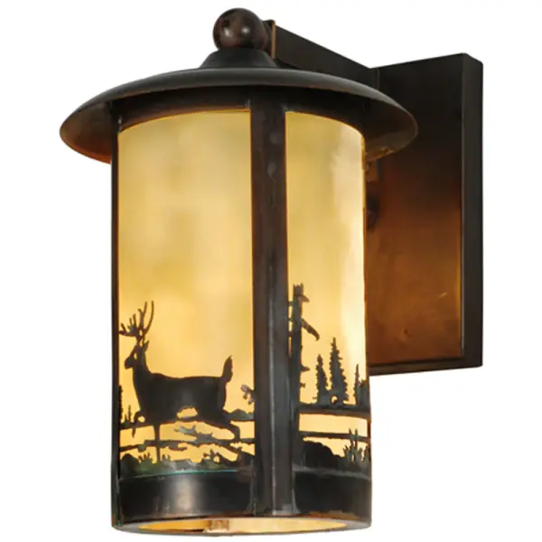 Handcrafted from Solid Brass with alluring rustic beauty. This stunning Craftsman Signature lantern features a graceful Deer design on a Beige Art Glass diffuser enhanced with Vintage Copper-plated Brass. Display this wall sconce to illuminate the exterior of timber homes; modern farmhouses; and other spaces. The Fulton Prime Wall Sconce is featured in our American-made; American-designed; handcrafted Craftsman Signature Series; which is manufactured in Yorkville; New York. UL and cUL listed for dry; damp and wet locations. Our Build Your Own Craftsman Signature Series features unlimited combinations of styles. The collection is called Build Your Own because it is fully configurable and customizable from size and design to finish and lens color. Marine grade; solid brass; or copper raw materials are utilized to ensure items from the Craftsman Signature Series of outdoor and indoor lighting will stand the test of time; as these premium metals are impervious to most types of oxidation. Hand-applied Patina finishes on brass and copper are sealed with a clear varnish and; over time; may require gentle maintenance; such as wax; to delay or reverse the natural living finish attributes indicative of this finishing process. Patina finishes on brass and copper provide strong resistance to fading from sun exposure; will not chip or crack; and will not rust like a steel-framed item in the same conditions. Mica is less durable in outdoor locations but may be appropriate for mildly exposed areas. Choose from many style options; or send us your concept today! Call today to learn how to use the configuration tool available on our website for an instant item number!