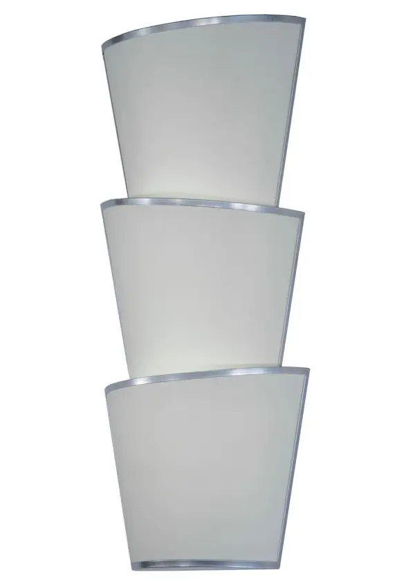 Clean, curved tiers of undulating Eggshell Textrene diffusers round out this modern aesthetic. These 3 shades were enhanced with Nickel accents and frame. Beautiful ambient illumination is delivered with integral LEDs for energy savings, reduced maintenance and long lamp life. Handmade in the USA, custom options include special sizes, colors, finishes and dimmable lamping options. The sconce is UL and cUL listed for damp and dry locations. Collection: Lenox Finish: Nickel Glass: Eggshell Textrene Width: 16.50" Height: 40.75" Length: 7.75" Weight: 14.50 lb Extension from Wall: 7.75" Number of Bulbs: 4 Maximum Wattage: 10.00 W Bulb Type: STRIP Bulb Base: INTEGRAL Light Source: LED Color Temperature: 3000 K Material: Steel Country of Origin: USA Safety Listing: Dry Safety Rating: Dry Energy Efficient LED