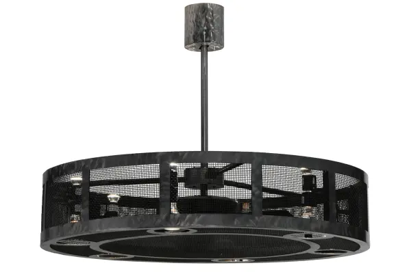 Handsome styling meets engineering innovation. This caged-frame Chandel-Air is a custom lighting solution perfect for home, retail or hospitality locations. The solid steel hardware and grill is featured in a Clear Coat finish. The modern marvel combines a ceiling fan within a handsome lighting fixture featuring 6 downlights for task lighting and 6 uplights for ambient lighting. Handcrafted in Yorkville, New York at the foothills of the spectacular Adirondack Mountains, this energy-saving "Chandel-Air" creates a windchill to keep the space cool in the summer, and is reversed in the winter to push down hot air and maintain warmth. Dimmable and Energy Efficient lamping options, as well as custom sizes, styles and colors, are available. Collection: Paloma Golpe Finish: Matte Clear Glass: Silver Width: 48.00" Height: 37.00" Length: 48.00" Weight: 82.00 lb Extension from Wall: 5.50" Number of Bulbs: 6 Maximum Wattage: 50.00 W Bulb Type: PAR30 Bulb Base: E26 Material: Steel Country of Origin: USA Safety Listing: Damp Safety Rating: Damp