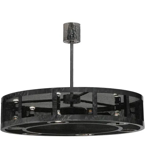 Handsome styling meets engineering innovation. This caged-frame Chandel-Air is a custom lighting solution perfect for home, retail or hospitality locations. The solid steel hardware and grill is featured in a Clear Coat finish. The modern marvel combines a ceiling fan within a handsome lighting fixture featuring 6 downlights for task lighting and 6 uplights for ambient lighting. Handcrafted in Yorkville, New York at the foothills of the spectacular Adirondack Mountains, this energy-saving "Chandel-Air" creates a windchill to keep the space cool in the summer, and is reversed in the winter to push down hot air and maintain warmth. Dimmable and Energy Efficient lamping options, as well as custom sizes, styles and colors, are available. Collection: Paloma Golpe Finish: Matte Clear Glass: Silver Width: 48.00" Height: 37.00" Length: 48.00" Weight: 82.00 lb Extension from Wall: 5.50" Number of Bulbs: 6 Maximum Wattage: 50.00 W Bulb Type: PAR30 Bulb Base: E26 Material: Steel Country of Origin: USA Safety Listing: Damp Safety Rating: Damp - alternate view