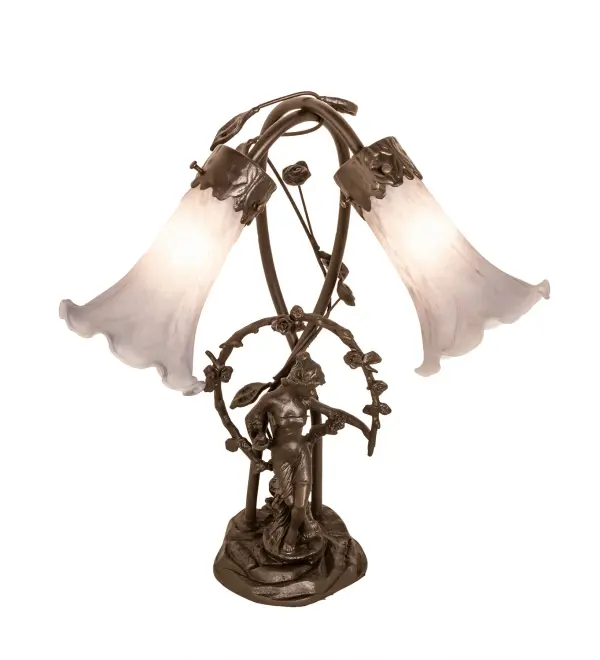 Inspired by Tiffany's famous Pond Lily design from the early 1900s... This table lamp is created with two mouth blown shades featuring Grey art glass. The Pond Lily shades are embraced by an elegant Cast Bronze Base featuring a girl under a trellis and finished in a rich Mahogany patina. The Pond Lily Table Lamp is featured in our American designed, handcrafted Favrile Lighting Collection. UL and cUL listed for dry locations. Each shade is a unique work of art with color variations based on natural ingredients inherent in the glass. Contact us if color matching is critical when ordering multiple items. Collection: Gray Finish: Mahogany Bronze Glass: Gray Glass Width: 15.00" Height: 17.00" Length: 15.00" Weight: 8.00 lb Number of Bulbs: 2 Maximum Wattage: 15.00 W Bulb Type: B10 Bulb Base: E12 Material: Bronze Country of Origin: CHINA Safety Rating: Dry