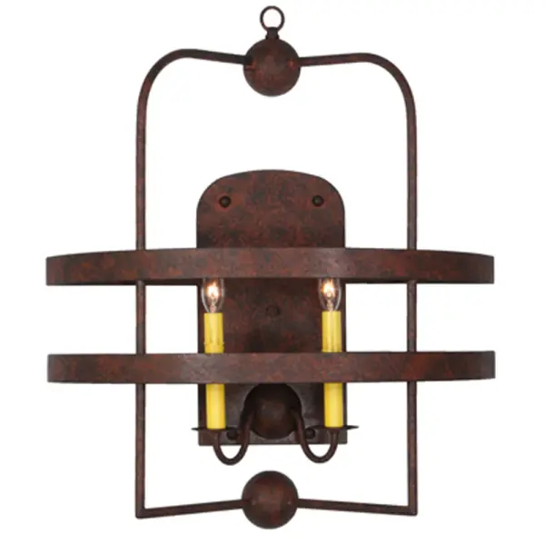 Combining a classic look with industrial styling. Aldari features two Ivory faux candlelights which provide beautiful ambient lighting from within. A sturdy geometric frame is encircled by two rugged decorative rings for a unique look. The hardware is featured in a Rusty Nail finish. This fixture is ideal for a variety of corridors and other rooms in residential and commercial settings. Custom crafted by highly skilled artisans in our 180;000 square foot manufacturing facility in Yorkville; New York. UL and cUL listed for damp and dry locations.