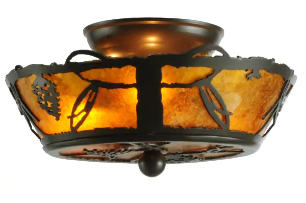 Listen closely. You can almost hear the soft whisper of the Pine Branches as they dance in the wind. Enjoy the warm ambiance of soft beautiful light diffused through an Amber Mica shade featuring stunning Pinecone and Pine Branch designs. This ceiling fixture is hand finished in a handsome Timeless Bronze. Handcrafted by highly skilled artisans in our 180,000 square manufacturing facility in Yorkville, New York. Shade colors, metal finishes and sizes can be customized. UL and cUL listed for dry and damp locations. Collection: Whispering Pines Finish: Timeless Bronze Glass: Amber Mica Width: 10.50" Height: 6.00" Length: 10.50" Weight: 2.50 lb Number of Bulbs: 3 Maximum Wattage: 25.00 W Bulb Type: BA9 Bulb Base: E12 Material: Steel Country of Origin: USA Safety Listing: Damp Safety Rating: Damp