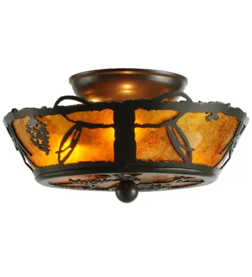 Listen closely. You can almost hear the soft whisper of the Pine Branches as they dance in the wind. Enjoy the warm ambiance of soft beautiful light diffused through an Amber Mica shade featuring stunning Pinecone and Pine Branch designs. This ceiling fixture is hand finished in a handsome Timeless Bronze. Handcrafted by highly skilled artisans in our 180,000 square manufacturing facility in Yorkville, New York. Shade colors, metal finishes and sizes can be customized. UL and cUL listed for dry and damp locations. Collection: Whispering Pines Finish: Timeless Bronze Glass: Amber Mica Width: 10.50" Height: 6.00" Length: 10.50" Weight: 2.50 lb Number of Bulbs: 3 Maximum Wattage: 25.00 W Bulb Type: BA9 Bulb Base: E12 Material: Steel Country of Origin: USA Safety Listing: Damp Safety Rating: Damp - alternate view