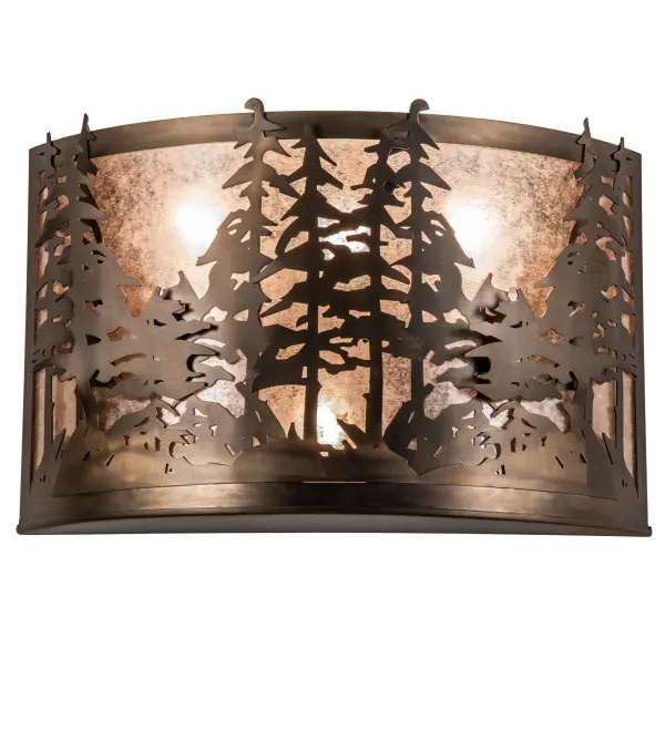 This curvaceous wall sconce features mesmerizing Pine Tree silhouettes that stand tall as the brilliant morning sun rises above the woodlands in the background. Beautiful ambient light is projected through a stunning Silver Mica diffuser complemented with decorative accents and hardware featured in an Antique Copper finish. Ideal for illuminating hallways; dining areas;?and other spaces in residential; hospitality; and commercial settings. The Tall Pines Wall Sconce is featured in our American-made; American-designed; handcrafted Nature Inspired Lighting Collection. Manufactured in Yorkville; New York. UL and cUL listed for dry and damp locations.