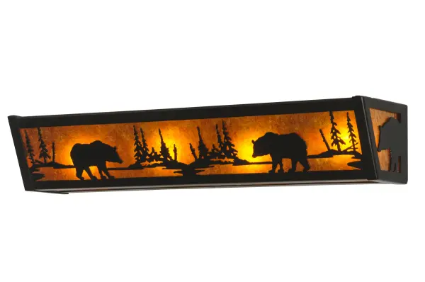 Two Black Bears in the forest are depicted on this vanity light, illuminated through Amber mica panels. The fixture has a Black finish and is handcrafted in the USA by Meyda artisans. Collection: Bear At Lake Finish: Textured Black Glass: Amber Mica Width: 24.00" Height: 4.50" Length: 5.50" Weight: 6.00 lb Extension from Wall: 5.50" Number of Bulbs: 4 Maximum Wattage: 60.00 W Bulb Type: A19 Bulb Base: E26 Material: Steel Country of Origin: USA Safety Listing: Damp Safety Rating: Damp