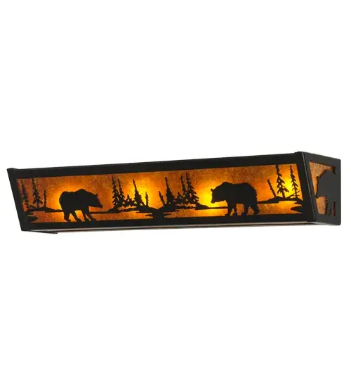 Two Black Bears in the forest are depicted on this vanity light, illuminated through Amber mica panels. The fixture has a Black finish and is handcrafted in the USA by Meyda artisans. Collection: Bear At Lake Finish: Textured Black Glass: Amber Mica Width: 24.00" Height: 4.50" Length: 5.50" Weight: 6.00 lb Extension from Wall: 5.50" Number of Bulbs: 4 Maximum Wattage: 60.00 W Bulb Type: A19 Bulb Base: E26 Material: Steel Country of Origin: USA Safety Listing: Damp Safety Rating: Damp - alternate view