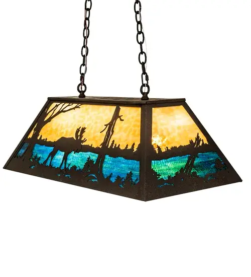 A majestic Moose meanders alongside a mountain lake as the brilliant morning sun rises at dawn. The design features an image that is perfect for picture postcards and great works of art. Eye-catching Beige art glass depicts the sky as Blue Green glass represents the water. This oblong pendant features decorative accents and hardware in a Dark Roast finish. The overall height of this pendant ranges from 20 to 78 inches as the chain length can be easily adjusted in the field to accommodate your lighting application needs. Perfect for illuminating kitchen islands; islands; tables; counters and bars. Handmade in our 180;000 sq ft manufacturing facility at the foothills of the Adirondack Mountains. UL and cUL listed for dry and damp locations. - alternate view