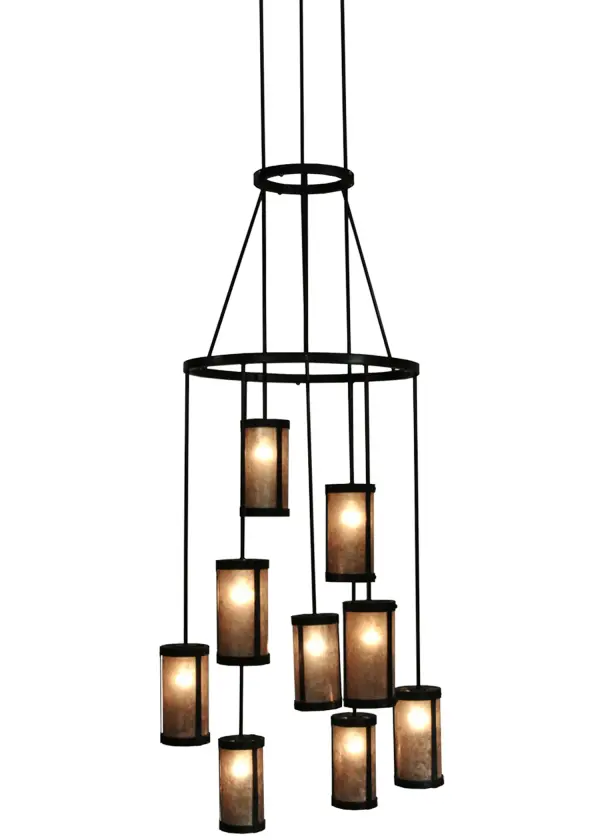 Spanning 16 feet from top to bottom, this two tiered chandelier renders a transitional eye-catching look. Handsome Silver Mica shades are aligned in a staggered formation, suspended from two decorative rings and a canopy while providing light at various levels. All hardware is hand finished in Costello Black while a warm glow evokes from nine decorative cylinders, ideal for lobbies, foyers, ballrooms and large spaces. Custom crafted in our Upstate New York manufacturing facilities. Collection: Cartier Finish: Mahogany Bronze Glass: Silver Mica Width: 35.00" Height: 192.00" Length: 35.00" Weight: 30.00 lb Number of Bulbs: 9 Maximum Wattage: 60.00 W Bulb Type: A19 Bulb Base: E26 Material: Steel Country of Origin: USA Safety Listing: Damp Safety Rating: Damp