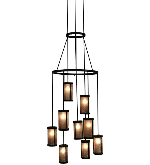 Spanning 16 feet from top to bottom, this two tiered chandelier renders a transitional eye-catching look. Handsome Silver Mica shades are aligned in a staggered formation, suspended from two decorative rings and a canopy while providing light at various levels. All hardware is hand finished in Costello Black while a warm glow evokes from nine decorative cylinders, ideal for lobbies, foyers, ballrooms and large spaces. Custom crafted in our Upstate New York manufacturing facilities. Collection: Cartier Finish: Mahogany Bronze Glass: Silver Mica Width: 35.00" Height: 192.00" Length: 35.00" Weight: 30.00 lb Number of Bulbs: 9 Maximum Wattage: 60.00 W Bulb Type: A19 Bulb Base: E26 Material: Steel Country of Origin: USA Safety Listing: Damp Safety Rating: Damp - alternate view