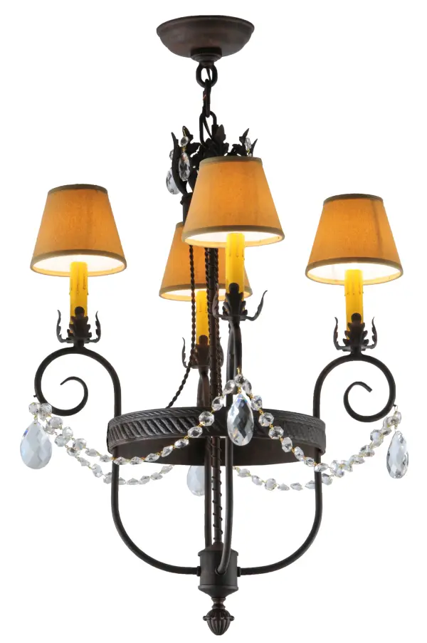 Exquisite styling and luxurious charm are reflected in this 4-light chandelier. This elegant Antonia Chandelier embraces 4 Amber faux candlelights which are crowned with Parchment shades (an old photo update written calls these Tuscan Alabaster shades) and enhanced with faceted crystal charms; scroll arms; an Acanthus leaf accents and rich Cajun Spice finished hand-forged hardware. This chandelier features quality materials and hand detailed American craftsmanship perfected by years of time honored artistry; passed down from generations of highly skilled artisans. Custom sizes; styles; colors and dimmable energy efficient lamping options such as LED are available. The fixture is UL and cUL listed for damp and dry locations.