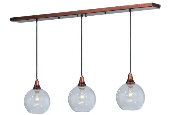 This stunning linear fixture features three Clear Glass Orb-shaped shades complemented with a striking New Copper Vein finish. The overall height ranges from 12 to 71 inches; as the cord lengths can be easily adjusted in the field to accommodate your specific lighting application needs. Ideal for placement above bars; kitchen islands; counters; and dining tables. The fixtures can be installed nationwide in homes and other spaces; from Detroit; Michigan; to Louisville; Kentucky; to Sacramento; California. The Bola 3 Light Island Pendant is included in our American-made; American-designed; handcrafted Modern Lighting Collection and manufactured in Yorkville; New York. UL and cUL listed for dry and damp locations.