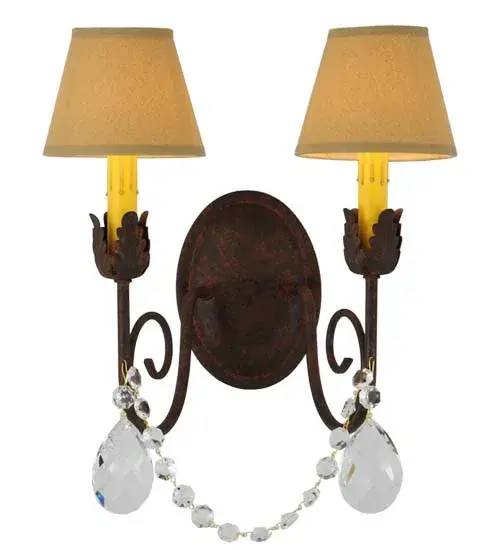 Exquisite styling and luxurious charm are reflected with faceted Crystal Pendalogues and scroll arms; acanthus leaves and hand-forged hardware in a rich Cajun Spice finish. This elegant wall sconce embraces 2 Ivory faux candlelights crowned with Ivory Textrene shades. Custom crafted by highly skilled artisans in our 180;000 square foot manufacturing facility in Yorkville; New York. Custom sizes; styles; finishes and dimmable energy efficient lamping options are available. UL and cUL listed for dry and damp locations however we do not recommend installing it in spaces that experience a large amount of moisture due to the fabric shades. - alternate view