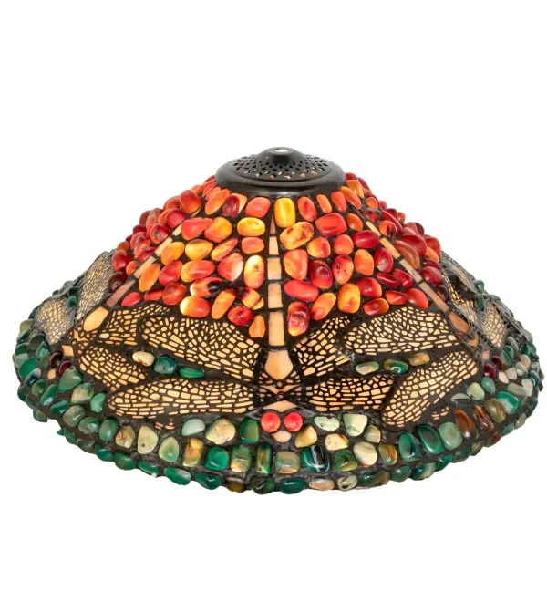 Using natural stones to create new lighting designs; Multicolored and Red Agata Stones are crafted into a lampshade using the famous Meyda Tiffany copper foil construction process. The shade features a stunning Dragonfly motif with Red glowing eyes. The natural stones are renowned by some for their balanced Yin-Yang energy; courage; protection; healing; and calming properties. This unique shade; featuring the extraordinary texture and styling of opalesque quartz; can be paired with a base to create a table or floor lamp; and can be matched to build a ceiling fixture. The Agata Dragonfly Shade is included in our American-designed; handcrafted Natural Stone Lighting Collection. Each shade is a unique work of art with color variations based on natural ingredients inherent in the stone.