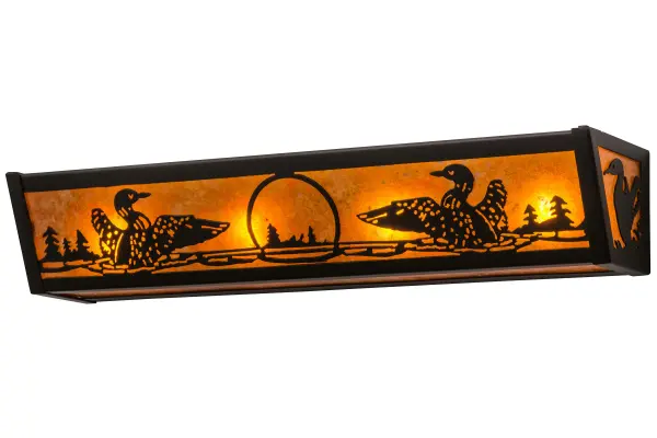 A stunning impression of this aquatic bird design features Loons floating on a lake as the lazy afternoon sun shines bright in the background. The wildlife inspired wall fixture features an Amber Mica diffuser and attaches to the wall with Textured Black finished hardware. The fixture is ideal for illuminating fine baths or accenting hallways and other rooms as a sconce. The fixture is handmade by Meyda Craftsmen in the Yorkville, NY manufacturing facility at the foothills of the scenic Adirondack Mountains. Custom colors, styles and sizes are available, as well as dimmable energy efficient lamping options. The fixture is UL and cUL listed for damp and dry locations. Collection: Loon Finish: Textured Black Glass: Amber Mica Width: 24.00" Height: 4.50" Length: 5.50" Weight: 5.50 lb Extension from Wall: 5.50" Number of Bulbs: 4 Maximum Wattage: 60.00 W Bulb Type: A19 Bulb Base: E26 Material: Steel Country of Origin: USA Safety Listing: Damp Safety Rating: Damp