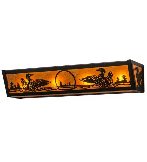 A stunning impression of this aquatic bird design features Loons floating on a lake as the lazy afternoon sun shines bright in the background. The wildlife inspired wall fixture features an Amber Mica diffuser and attaches to the wall with Textured Black finished hardware. The fixture is ideal for illuminating fine baths or accenting hallways and other rooms as a sconce. The fixture is handmade by Meyda Craftsmen in the Yorkville, NY manufacturing facility at the foothills of the scenic Adirondack Mountains. Custom colors, styles and sizes are available, as well as dimmable energy efficient lamping options. The fixture is UL and cUL listed for damp and dry locations. Collection: Loon Finish: Textured Black Glass: Amber Mica Width: 24.00" Height: 4.50" Length: 5.50" Weight: 5.50 lb Extension from Wall: 5.50" Number of Bulbs: 4 Maximum Wattage: 60.00 W Bulb Type: A19 Bulb Base: E26 Material: Steel Country of Origin: USA Safety Listing: Damp Safety Rating: Damp - alternate view