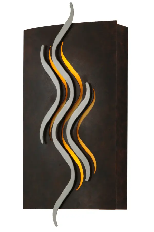 Stunning embossed, contoured metal waves offered in a Pewter hue are featured on this Cajun Spice finished solid metal wall sconce. Behind the frame is a Tawnyrock Idalight diffuser that illuminatesthrough complementary wave-shaped insets. Handcrafted in our Yorkville, New York by highly skilled artisans, this wall luminaire is available in custom sizes, finishes and designs as well as dimmable energy efficient lamping options such as LED. The 12-inch wide fixture is UL and cUL listed for damp and dry locations. Collection: Copperwynd Finish: Cajun Spice Glass: Tawnyrock Idalight Width: 12.00" Height: 24.00" Length: 5.75" Weight: 9.50 lb Extension from Wall: 5.75" Number of Bulbs: 2 Maximum Wattage: 50.00 W Bulb Type: PAR20 Bulb Base: E26 Material: Steel Country of Origin: USA Safety Listing: Damp Safety Rating: Damp
