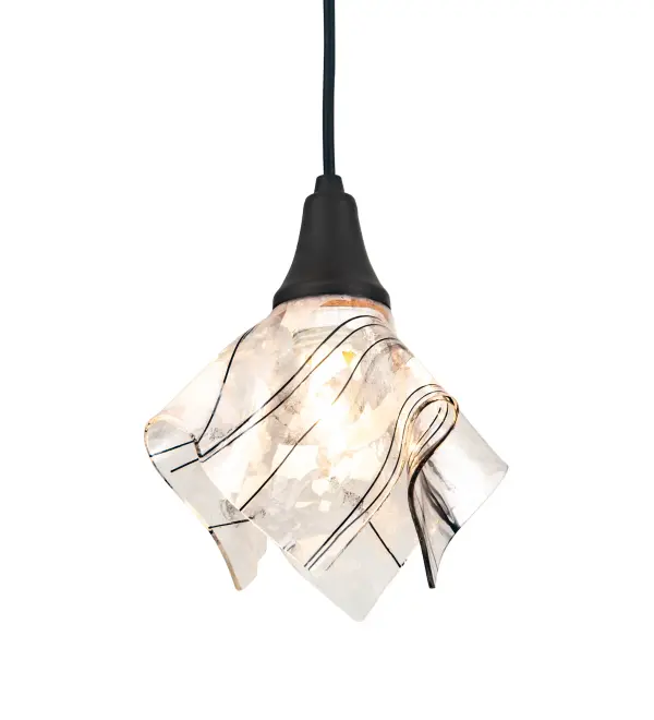 Bare trees against a winter sky inspired the Branches. This Handkerchief Branches pendant features Clear glass drizzled with Midnight Black. The art glass is high fired to fall into a flowing draped fabric shape. The shade is complemented with Textured Black hardware and a matching cord. The overall height of this pendant ranges from 13 to 85 inches as the cord length can be easily adjusted in the field to accommodate your specific lighting application needs. Handcrafted by expert artisans in our 180;000 square foot manufacturing facility in Yorkville; NY. Custom finishes; styles and sizes are available. Dimmable energy efficient lamping options are offered. UL and cUL listed for dry and damp locations.