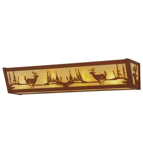 Rustic charm is captured beautifully with this striking design of a young buck leaping through the trees in the woods. Warm ambient lighting is created by a Beige art glass lens enhanced by decorative accents, frame and matching hardware in an Earth finish. Handcrafted in the Meyda manufacturing facility, located at the foothills of the Adirondack Mountains. Additional wildlife and custom designs available, as well as energy efficient lamping options. Ideal for bath lighting or to illuminate corridors. Collection: Deer At Lake Finish: Earth Glass: Beige Art Glass Notes: Custom Crafted In Yorkville, New York Please Allow 30 Days Width: 24.00" Height: 4.50" Length: 5.50" Weight: 7.50 lb Extension from Wall: 5.50" Number of Bulbs: 4 Maximum Wattage: 60.00 W Bulb Type: A19 Bulb Base: E26 Material: Steel Country of Origin: USA Safety Listing: Damp Safety Rating: Damp - alternate view