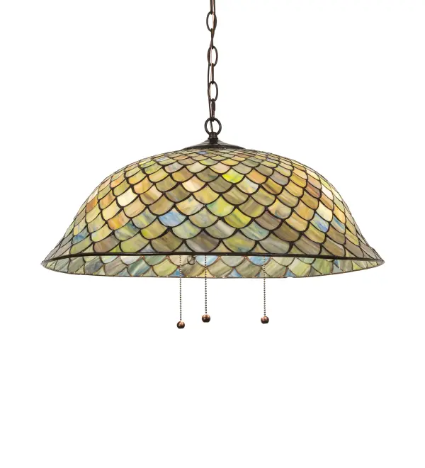 A Tiffany Studios classic. The Fishscale pattern is reproduced in variegated glass of Honey dripped Emerald; Sapphire; Amber and Mauve; evoking a unique dimensional and textured look in a rainbow of brilliant hues. This exquisite art glass shade is complemented with a Mahogany Bronze. This exquisite variegated art glass shade is created using the famous Meyda Tiffany copperfoil construction process. The overall height ranges from 14 to 49 inches as the chain length can be easily adjusted in the field to accommodate your specific lighting application needs. UL and cUL listed for dry and damp locations. Each shade is a unique work of art with color variations based on natural ingredients inherent in the glass. Contact us if color matching is critical when ordering multiple items.