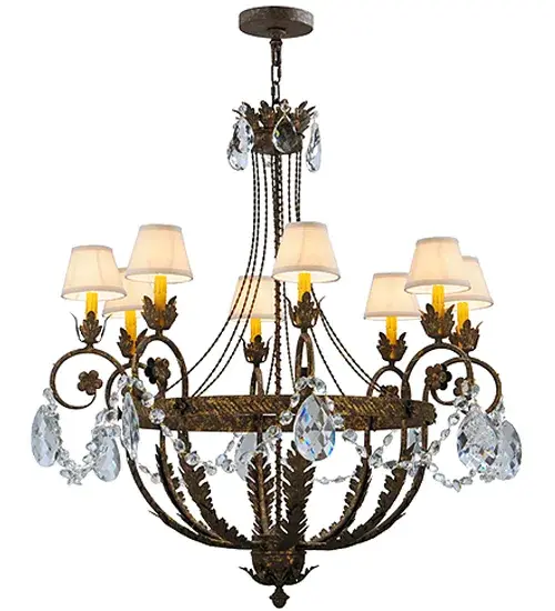 Exquisite styling and luxurious charm are reflected in this elegant Antonia Chandelier which embraces 8 Amber faux candlelights which are crowned with Natural Linen shades and enhanced with faceted crystal charms, scroll arms, Acanthus leaf accents and rich Pompeii Gold finished hand-forged Iron hardware. This chandelier features quality materials and hand detailed American craftsmanship perfected by years of time honored artistry, passed down from generations of highly skilled artisans. Custom sizes, styles, colors and dimmable energy efficient lamping options such as LED are available. The fixture is UL and cUL listed for damp and dry locations. Collection: Antonia Finish: Pompeii Gold Glass: Natural Textrene Width: 39.00" Height: 45.00" Length: 39.00" Weight: 32.00 lb Number of Bulbs: 8 Maximum Wattage: 40.00 W Bulb Type: B10 Bulb Base: E12 Material: Steel Country of Origin: USA Safety Listing: Damp Safety Rating: Damp - alternate view