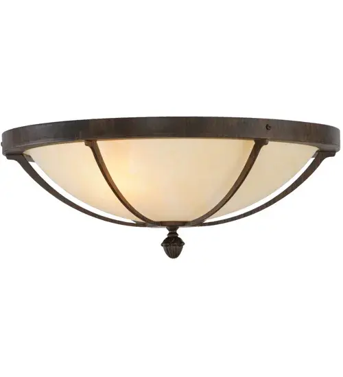This stunning Dominga ceiling fixture features a Sahara Taupe Idalight shade. The striking diffuser is enhanced with a handsome frame, hardware and decorative accents featured in a Classic Rust finish. Dominga is ideal for hallways, living spaces and other rooms in residential, hospitality and commercial environments. Handcrafted by highly skilled artisans in our 180,000 square foot manufacturing facility in Yorkville, New York. Lens colors, metal finishes and designs can be customized to your preference. Dimmable energy efficient lamping options are offered. The ceiling fixture is UL and cUL listed for damp and dry locations. Collection: Dominga Finish: Classic Rust Glass: Sahara Taupe Idalight Width: 20.00" Height: 8.00" Length: 20.00" Weight: 10.00 lb Number of Bulbs: 2 Maximum Wattage: 40.00 W Bulb Type: A19 Bulb Base: E26 Material: Steel Country of Origin: USA Safety Listing: Damp Safety Rating: Damp - alternate view