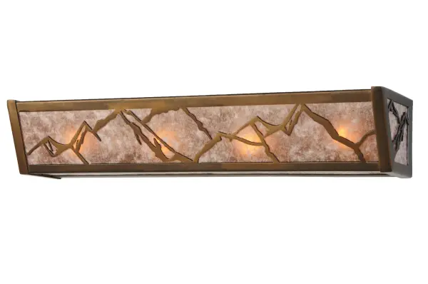 A stunning nature inspired design of an impressive mountainside while the morning sun rises in the background. Soft ambient light diffuses beautifully through Silver Mica and is complemented with Antique Copper finished accents and frame. This wall fixture is designed as a vanity light to illuminate fine baths or as a linear wall sconce to light hallways and other rooms. The fixture is handcrafted in the our 180;000 square foot manufacturing facility located at the foothills of the Adirondack Mountains in Upstate NY. Custom styles; designs and sizes are offered. Dimmable energy efficient lamping options are available. The 24 inch long fixture is UL and cUL Listed for dry and damp locations.