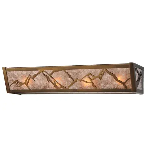 A stunning nature inspired design of an impressive mountainside while the morning sun rises in the background. Soft ambient light diffuses beautifully through Silver Mica and is complemented with Antique Copper finished accents and frame. This wall fixture is designed as a vanity light to illuminate fine baths or as a linear wall sconce to light hallways and other rooms. The fixture is handcrafted in the our 180;000 square foot manufacturing facility located at the foothills of the Adirondack Mountains in Upstate NY. Custom styles; designs and sizes are offered. Dimmable energy efficient lamping options are available. The 24 inch long fixture is UL and cUL Listed for dry and damp locations. - alternate view