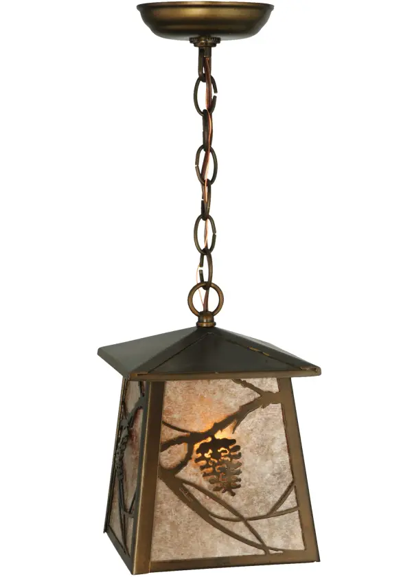 Listen closely.You can almost hear the soft whisper of the pine branches as they dance in the wind.Enjoy the warm ambiance of soft beautiful light diffused through this rustic shade?s Silver Mica featuring stunning pinecone and pine branch designs. Hand finished in handsome Antique Copper and handcrafted by Meyda Artisans in Yorkville; New York.Create the design; colors; and the size and style of your choice.Energy efficient lamping options available.