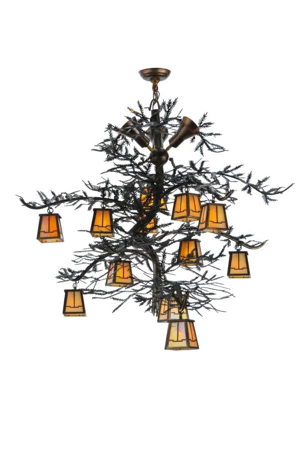 Invite the natural charm of the American woodlands into your camp; lodge; home or business with this chandelier.12 Beige Iridescent Glass lanterns offered in a stunning Arts & Crafts design; which adorn Pine Branch shaped arms accented with the Pine Needles of this unique Nature Inspired chandelier. Three uplights provide ambient lighting on the ceiling and walls. This stunning elaborate fixture features a Dark Burnished antique Copper finish. Overall height ranges from 45 to 74 inches as the chain length can be easily adjusted in the field. Domestically produced in our 180;000 square foot manufacturing facility in Yorkville; NY. Customize diffuser colors; metal finishes and sizes to your taste. UL and cUL listed for damp & dry locations.