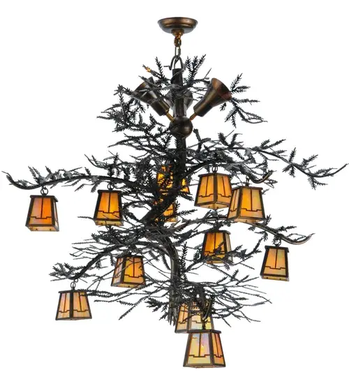 Invite the natural charm of the American woodlands into your camp; lodge; home or business with this chandelier.12 Beige Iridescent Glass lanterns offered in a stunning Arts & Crafts design; which adorn Pine Branch shaped arms accented with the Pine Needles of this unique Nature Inspired chandelier. Three uplights provide ambient lighting on the ceiling and walls. This stunning elaborate fixture features a Dark Burnished antique Copper finish. Overall height ranges from 45 to 74 inches as the chain length can be easily adjusted in the field. Domestically produced in our 180;000 square foot manufacturing facility in Yorkville; NY. Customize diffuser colors; metal finishes and sizes to your taste. UL and cUL listed for damp & dry locations. - alternate view