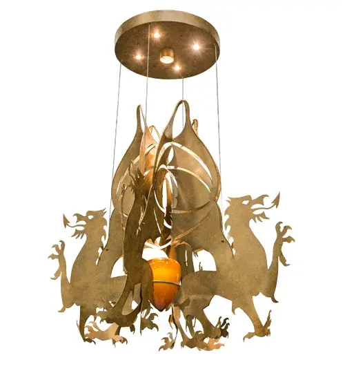 Capturing the auspicious power, strength, and good luck of the legendary dragon, this pendant adds mystery, drama and a commanding presence to your interiors. A large Golden blown art glass jewel is surrounded by four sculpted meticulously Dragon profiles, which are crafted from solid steel highlighted in a stunning Sahara Gold finish. Five downlights project ambient light on the art glass jewel and silhouettes which are suspended by the round canopy above. Custom sizes, styles and finishes, as well as dimmable energy efficient lamping options such as LED, are available. Made in the USA, this chandelier is UL and cUL listed for damp and dry locations. Collection: Dragos Finish: Sahara Gold Dabbed Gold Glass: Coral,Amber Glass/Acrylic,Gold,Black Metal Finish Width: 80.00" Height: 79.00" Length: 80.00" Weight: 260.00 lb Number of Bulbs: 4 Maximum Wattage: 50.00 W Bulb Type: MR16 Bulb Base: Medium Material: Steel Country of Origin: USA Safety Listing: Damp Safety Rating: Damp