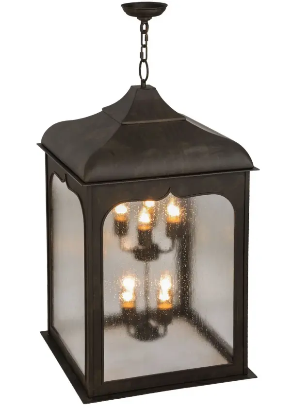 Inspired by the charming profile of caged homes for our feathered friends, the curved pendant features a Rainstone Idalight lens that reveals eight complementary faux candlelights that evoke beautiful ambient illumination. Adorned with complementary scrollwork accents on top, the frame and hardware are offered in an Oil Rubbed Bronze finish. The overall height ranges from 41 to 63 inches, as the chain can be easily adjusted in the field to meet your lighting requirements. This charming lighting fixture is ideal for illuminating dining spaces, entryways, and other residential, hospitality, and commercial spaces throughout the US, including Arlington, Virginia, Omaha, Nebraska, and Sacramento, California. The Hankel Lantern Pendant is included in our American-made, American-designed, handcrafted Transitional Lighting Collection. This fixture is manufactured in Yorkville, New York. It is UL and cUL listed for dry and damp locations. Collection: Hankel Finish: Oil Rubbed Bronze Glass: Rainstone Idalight Width: 28.25" Height: 40.50" Length: 20.00" Weight: 45.00 lb Number of Bulbs: 8 Maximum Wattage: 60.00 W Bulb Type: B10 Bulb Base: E26 Material: Steel Country of Origin: USA Safety Listing: Damp Safety Rating: Damp
