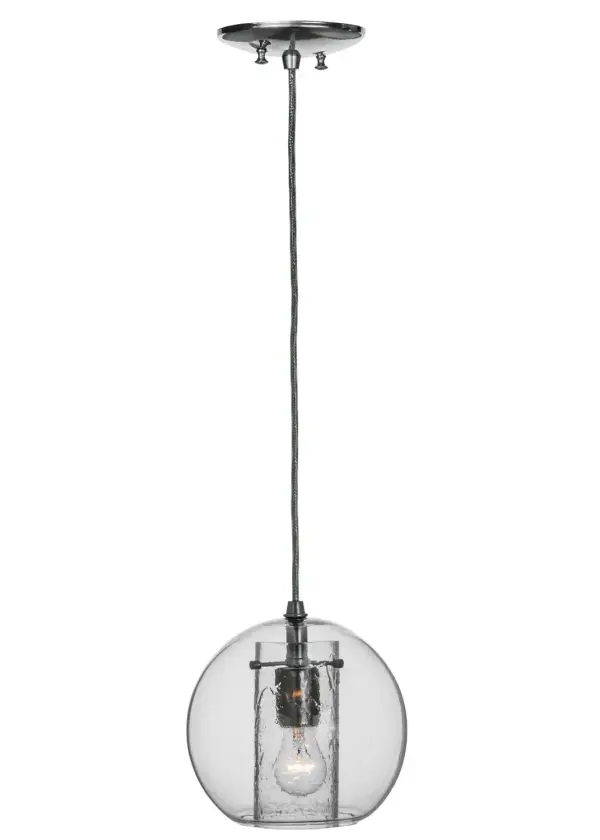 Designed with a round profile, this attractive ceiling fixture defines a distinctive industrial aesthetic. The Clear Glass lens reveals an Edison-style bulb that provides beautiful ambient illumination. The Orb-shaped fixture is complemented with hardware featured in a Nickel finish. The overall height of the pendant ranges from 10 to 73.5 inches, as the cord can be easily adjusted in the field to meet your lighting requirements. The mini pendant is ideal for installation in groups above bars, islands, counters, and dining tables in residential and hospitality locations from Cleveland, Ohio, to Aurora, Colorado, to Sioux Falls, South Dakota. The Cilindro Bola Mini Pendant is included in our American-made, American-designed, handcrafted Modern Collection and manufactured in Yorkville, New York. UL and cUL listed for dry and damp locations. Collection: Cilindro Finish: Nickel Glass: Clear Glass Width: 8.00" Height: 10.00" Length: 8.00" Weight: 4.00 lb Number of Bulbs: 1 Maximum Wattage: 60.00 W Bulb Type: A15 Bulb Base: E26 Material: Steel Country of Origin: USA Safety Listing: Damp Safety Rating: Damp