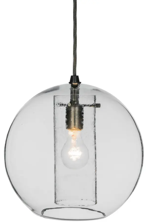 Designed with a round profile, this attractive ceiling fixture defines a distinctive, sophisticated aesthetic. Within the Clear Glass orb, the profiled lens is a Clear Glass cylindrical diffuser that is complemented with hardware featured in an Extreme Chrome finish. The shade reveals a single Edison-styled lamp that provides ambient illumination. The overall height of the pendant ranges from 14 to 75.5 inches, as the cord can be easily adjusted in the field to meet your lighting requirements. The Cilindro Bola Pendant is featured in our American-made, American-designed, handcrafted Modern Collection and manufactured in Yorkville, New York. UL and cUL listed for dry and damp locations. Collection: Cilindro Finish: Extreme Chrome Glass: Clear Glass Width: 12.00" Height: 14.00" Length: 12.00" Weight: 5.50 lb Number of Bulbs: 1 Maximum Wattage: 60.00 W Bulb Type: A19 Bulb Base: E26 Material: Steel Country of Origin: USA Safety Listing: Damp Safety Rating: Damp