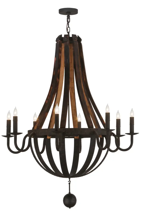Rugged rustic charm greets Gothic character. This handsome lighting design was inspired by Antique Wooden staves traditionally bound by wooden hoops in the construction of beer/ whiskey barrels and wine casks. Coffee Bean finished solid-stout curved arms support 8 bobeches accented with Complementary faux candles on its perimeter and an orb finial below. The overall height of this chandelier ranges from 62 to 145 inches as the chain length can be easily adjusted in the field to accommodate your specific lighting application needs. Handcrafted by highly skilled artisans in our 180;000 square foot manufacturing facility in Yorkville; New York. Candlelight colors; metal finishes and fixture sizes can be customized to your needs. UL and cUL listed for dry and damp locations.